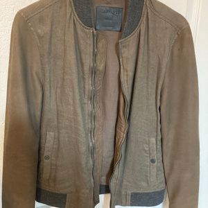 All Saints Boxson Bomber Linen + Leather Jacket Small Khaki/Olive Spring 2020